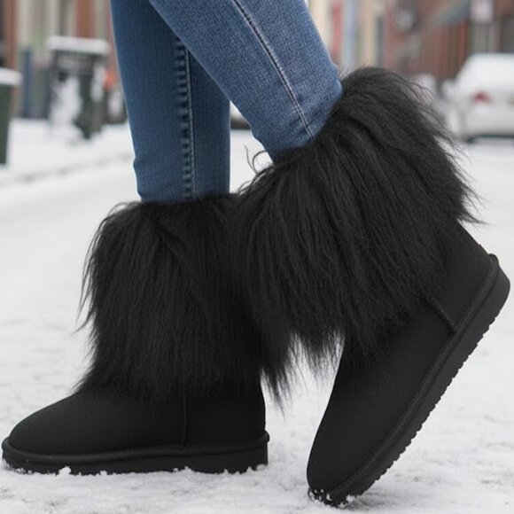 Bearpaw Boo Black Shearling Wool Line Curly Lamb Fur Mongolian Sherpa Boots 6 - Picture 1 of 9